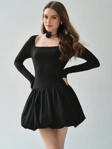 Enchnt Women's Romantic Fall Holiday Square Neck Long Sleeve Fitted Elegant Charming Sweet Cute Black Dress - Black - View 3