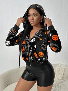 SHEIN SXY 女士拉链万圣节字母印花长袖休闲连帽夹克 - 黑色 - 查看 5
