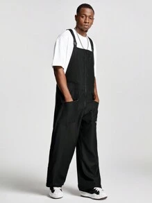 Manfinity VCAY Men's Casual Loose Woven Jumpsuit & Bib Pants Street Fashion Outfit - Black - View 7