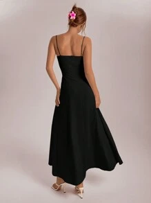 Aloruh 女士夏日假期黄色鱼骨褶边连衣裙 - 黑色 - 查看 2