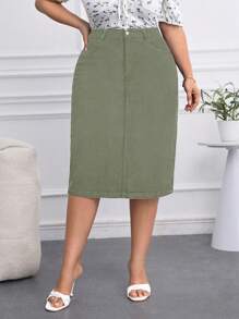 EMERY ROSE Plus Size Straight Stretch Denim Skirt - Army Green - View 2