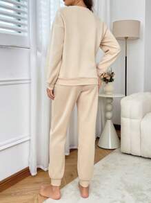 Women's Letter Print Crew Neck Sweatshirt And Pants Casual Loungewear Set Outfit - Apricot - View 2