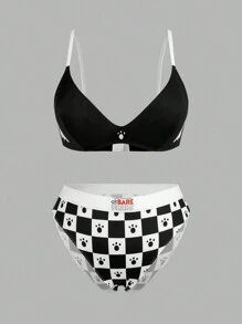 We Bare Bears X SHEIN Plus Size Black & White Cartoon Graphic Checkerboard Wireless Bra And Panty Set - Black - View 3