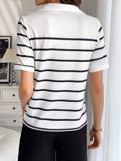 SHEIN Frenchy Women Short Sleeve Summer Color Block Striped Polo T-Shirt