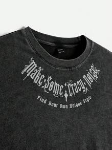 Manfinity VCAY 男士休闲宽松圆领短袖酸洗T恤，夏季 - 黑色 - 查看 6