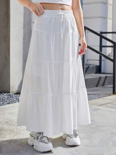 SHEIN Teen Girl Casual Pleated Loose White Long Skirt