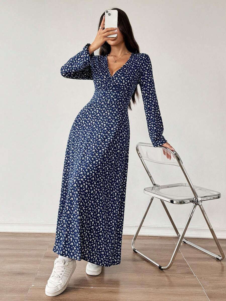 SHEIN Unity Đầm Maxi Chữ A Cổ Chữ V Họa Tiết Hoa Xanh Navy Cho Nữ Trang Phục Mùa Thu Vải Cho Nữ - Màu xanh hải quân - Xem 1