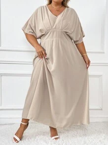 SHEIN CURVE+ Plus Batwing Sleeve Dress - Khaki - View 1