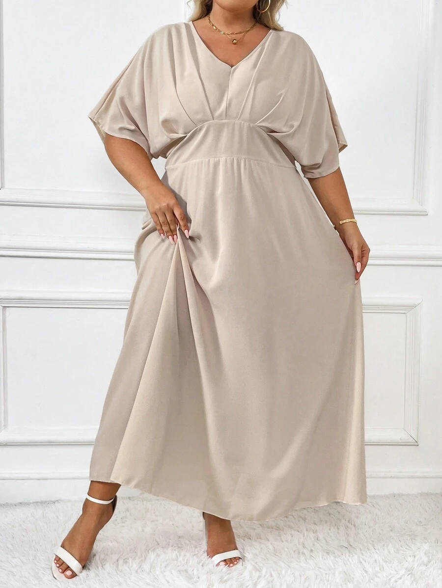 SHEIN CURVE+ Plus Batwing Sleeve Dress - Khaki - View 1