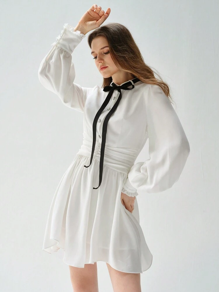 Autumn Dress, French Romantic, Elegant And Exquisite White Contrasting Bow, Buttoned Long-Sleeved Dress, Daily Commuting Wear