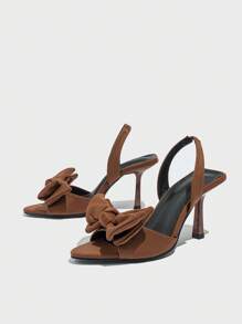 Women's Bow Decor Pointed Toe Elastic Strap High Heel Sandals, Elegant For Party, Commute And Daily Wear, Fashion Satin Brown High Heel Shoes For Summer And Autumn Valentines