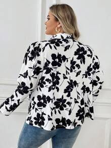 SHEIN CURVE+ 加大花卉印花披肩领开襟夹克 - 黑與白 - 查看 2