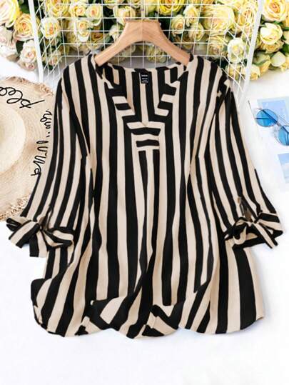 SHEIN LUNE V-Neck Tie-Up 3/4 Sleeve Casual Striped Holiday Shirt, Summer,Three Quarter Sleeve Tops