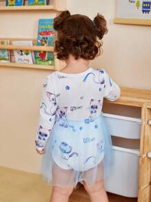 可爱小猫印花长袖连体衣，浅蓝色网纱面料，舒适百搭 - 彩色 - 查看 2