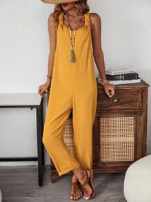 Breezaya Bộ áo liền quần màu trơn thông thường mùa xuân/hè xoắn lại để mặc hàng ngày - Màu vàng - Xem 3