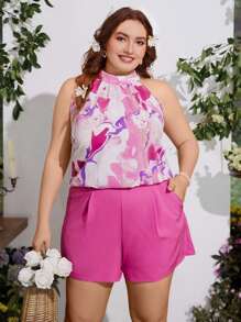 Breezaya Conjunto de 2 piezas de blusa con botones y estampado completo y pantalones cortos con bolsillo de talla grande