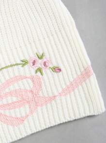 Sweetra Women's Embroidered Decor Bowknot Tie Neck Knitted Sweater - White - View 4