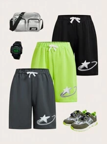 SHEIN Leap Crew Tween Boy 3pcs Loose Fit Breathable Athletic Patterned Shorts Set - Multicolor - View 1
