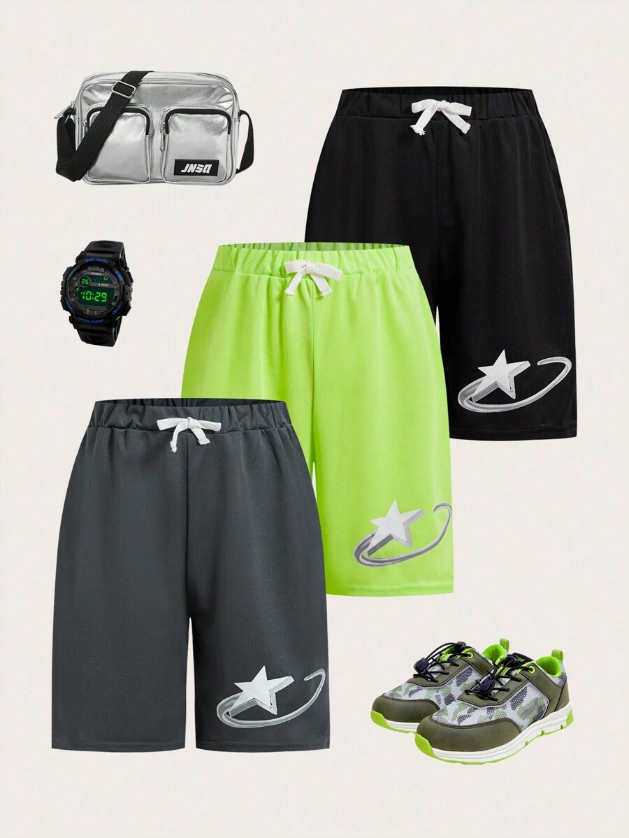 SHEIN Leap Crew Tween Boy 3pcs Loose Fit Breathable Athletic Patterned Shorts Set - Multicolor - View 1