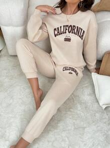 Women's Letter Print Crew Neck Sweatshirt And Pants Casual Loungewear Set Outfit - Apricot - View 6