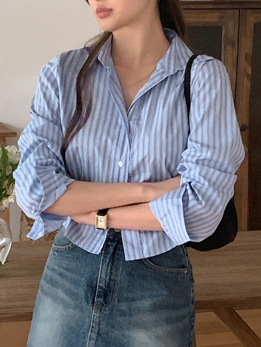 DAZY Women's Fitted Short Striped Long Sleeve Shirt, Blue, Spring/Autumn,Fall Women Clothes Crop Women Tops - Blue - View 1