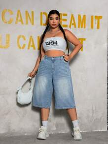 SHEIN EZwear 大码休闲牛仔及膝短裤（无弹力） - 淺色水洗藍 - 查看 5