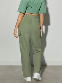 Hauture 翻盖口袋褶皱阔腿裤 - 橄欖綠 - 查看 7