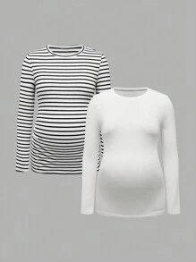 Modmama Maternity Casual Long Sleeve Fitted T-Shirt, Spring Autumn - Black and White - View 3