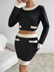 Chiquease 欧式休闲简约针织女式套头毛衣和迷你裙两件套，秋季