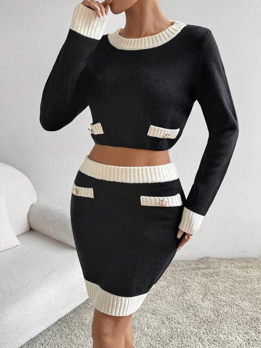 Chiquease 欧式休闲简约针织女式套头毛衣和迷你裙两件套，秋季