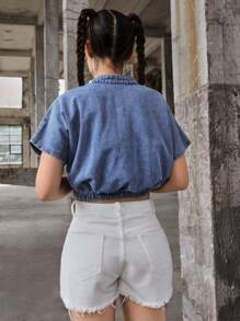 SHEIN Teen Girls Fashion Twist Front Batwing Sleeve Button Front Denim Shirt, Teen Girl Back To School Clothes Outfits