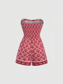 SHEIN Unity Bộ áo liền quần quây in họa tiết phong cách cổ điển dành cho nữ - Đỏ - Xem 2