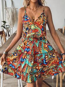 Breezaya Vintage V-Neck Printed Spaghetti Strap Dress With Gathered Waist For Vacation And Leisure Time - Multicolor - View 6