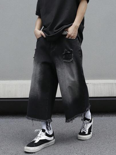 GALLERY FADE 加大码男士前扣口袋破洞修身牛仔短裤宽松黑色牛仔短裤，适合送给老公、男朋友的礼物，适合外出聚会、通勤、街头度假，emo 风格