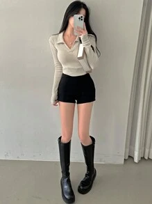 DAZY 女式纯色翻领长袖V领简约休闲上衣，秋季服装 - 杏色 - 查看 4
