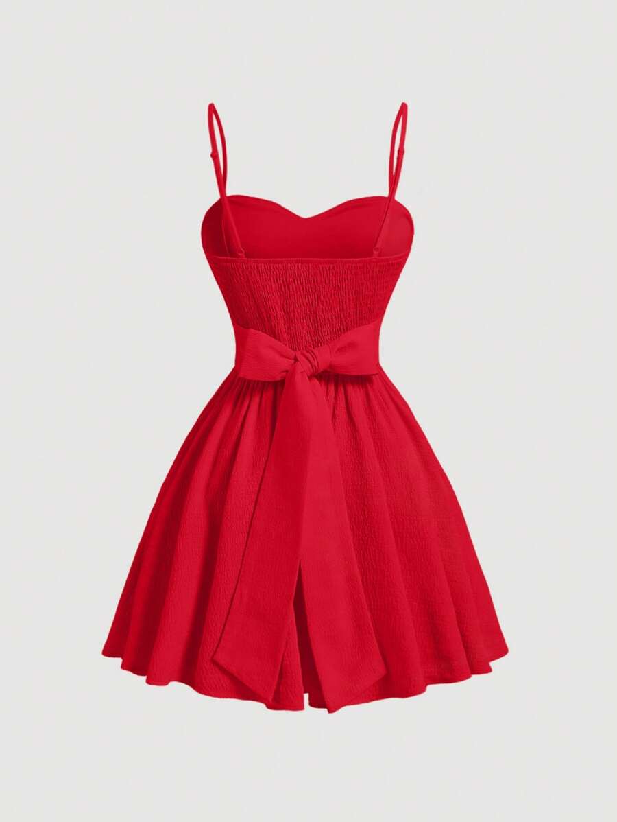 SHEIN MOD Pale Yellow Backless Bowknot Decor Romantic Camisole Summer Dress For Women - Red - View 1