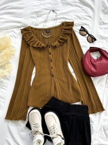 Soleia Women's Resort Fitted Long Cardigan, V-Neck Ruffled Flare Sleeve Ribbed Knit Top For Warm Outerwear - Brown - View 6