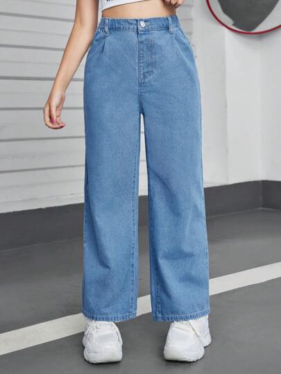 SHEIN Sparklyn 少女基本款休闲日常九分宽腿牛仔裤，松紧腰身，全年必备时尚单品