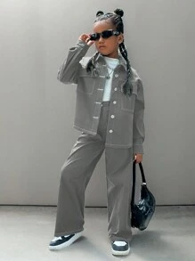 SHEIN 女大童翻蓋口袋落肩袖襯衫和褲子 - 淺灰色 - 查看 1