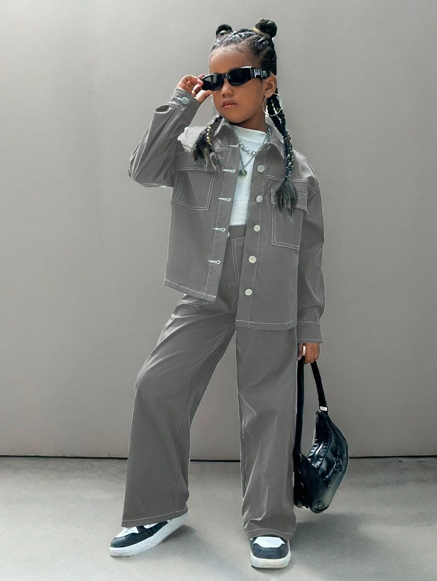 SHEIN 女大童翻蓋口袋落肩袖襯衫和褲子 - 淺灰色 - 查看 1