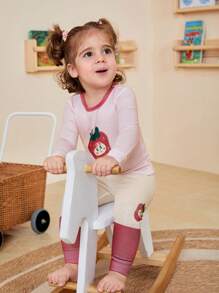 2 件装女婴可爱草莓印花贴身运动衫和紧身裤家居服套装 - 粉色 - 查看 6