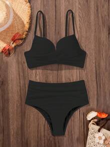 SHEIN Swim 女士純色交叉胸前性感比基尼套裝，適用於夏季沙灘（帶有加強墊片和鋼圈） - 黑色 - 查看 6