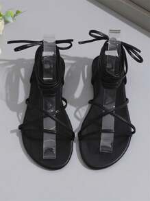 Women's Sexy Cross Strap Sandals, Fashion Lace-Up Flat Shoes - Black - View 5