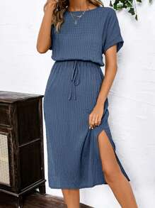 SHEIN Clasi Summer Military Green Textured Tie-Waist Short Sleeve Dress For Women