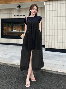 DAZY 女士纯色简约透视超长吊带裙，适合日常穿着 - 黑色 - 查看 3