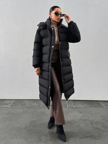 RueChic Women's Hooded Gold Snap Button Padded Winter Puffer Long Down Coat - Black - View 9