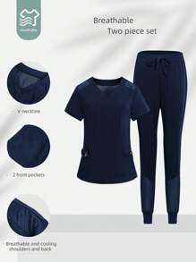TaskEZ Women Solid Color Simple V-Neck Short Sleeve Top And Pants Scrub Uniform Set - Navy Blue - View 2