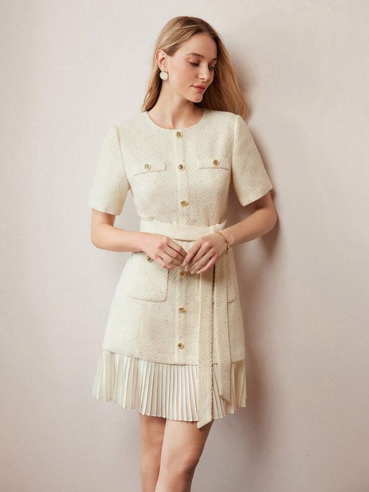 ワンピース sheller gold button box pleated tweed sheller gold button box pleated tweed（Sheller Tweed Knit