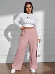 SHEIN EZwear 大码女式纯色简约休闲阔腿裤 - 藕粉色 - 查看 4