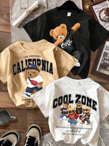 SHEIN 3pcs/Set Young Boy Casual Minimalist Cartoon Bear Graphic Round Neck Short Sleeve T-Shirt, Suitable For Summer, School, Campus, College - Multicolor - View 1
